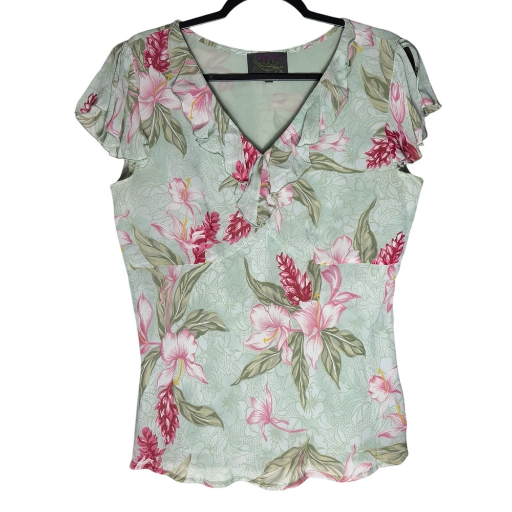 Kaua’iana Blouse Womens Large Floral Hawaiian Ruffles Summer Tropical Green Pink